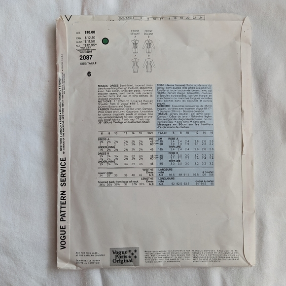 Vogue 2087 Uncut Pattern Paris Original Designer Karl Lagerfeld - Picture 4 of 4